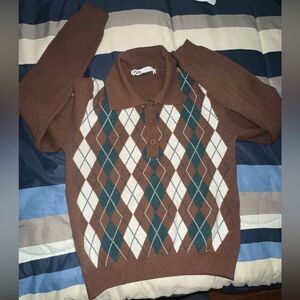 Zara Argyle Knit Polo Sweater Brown Small